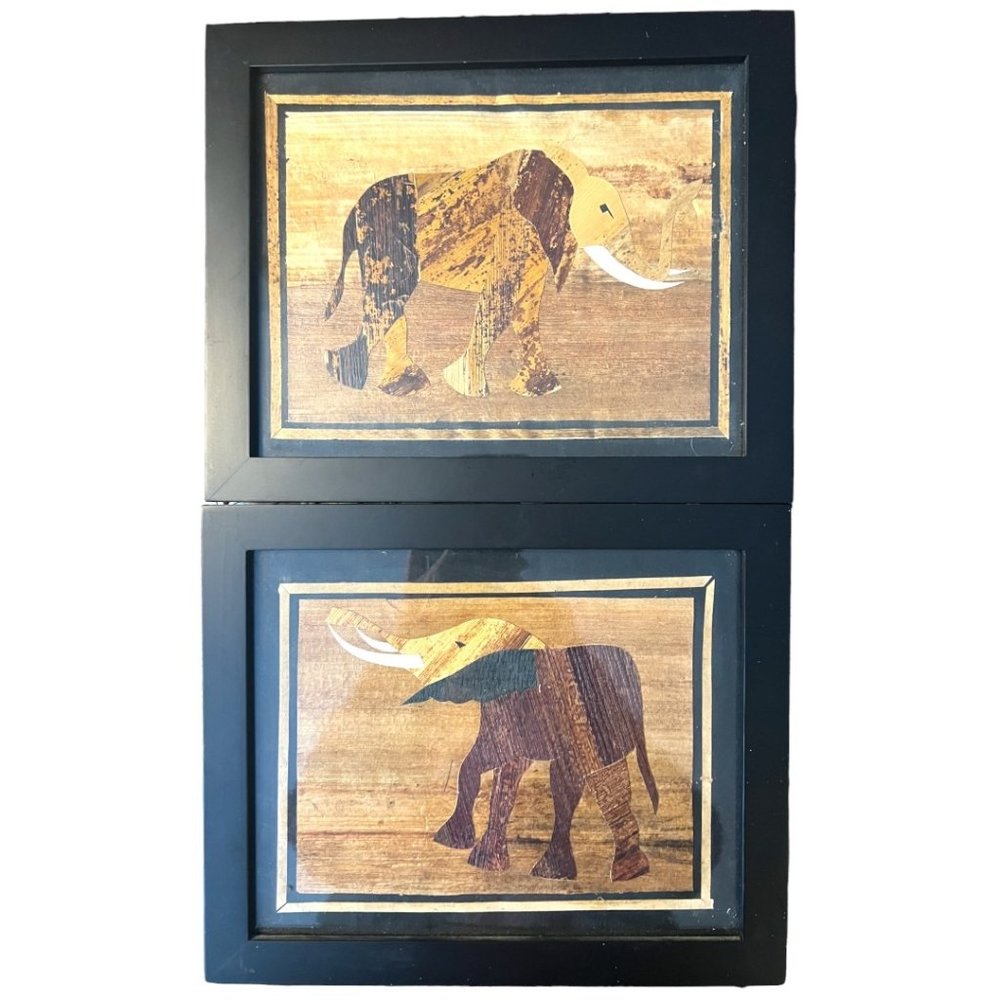 PAIR: FRAMED Wall Art Elephant Handmade Banana Leaf Fiber Paper Clippings Africa
